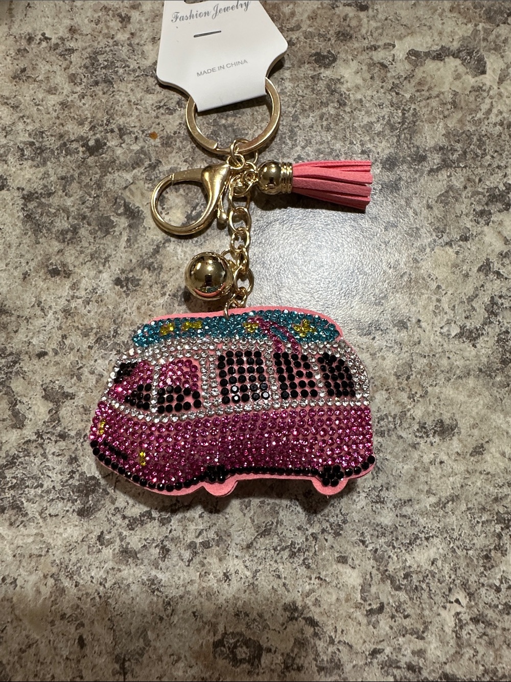 Pink Rhinestone VW Camper Van Keychain with Tassel
